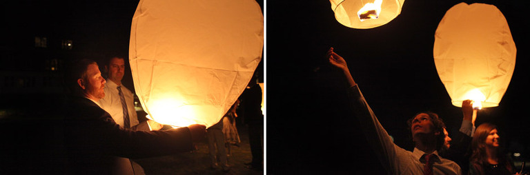 Wedding guests release wish lanterns at a Woodstock Inn winter wedding. 