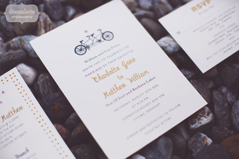 Bicycle themed custom wedding invitations for a rustic wedding in Stowe, VT.