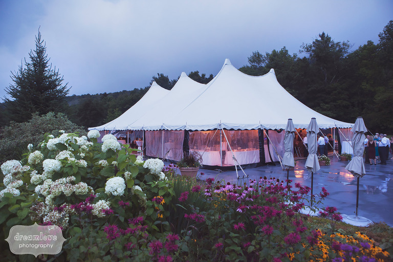 View of the reception tent for this summer wedding at Topnotch Resort in Stowe, VT.