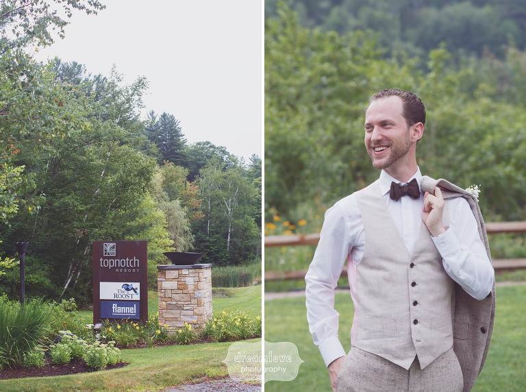 Candid portrait of the sartorial groom wearing a custom 1701 Bespoke suit and bowtie at the Topnotch Resort in Stowe, VT.
