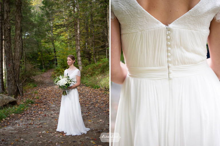Serene photos of bride in the woods at Riverside Farm.