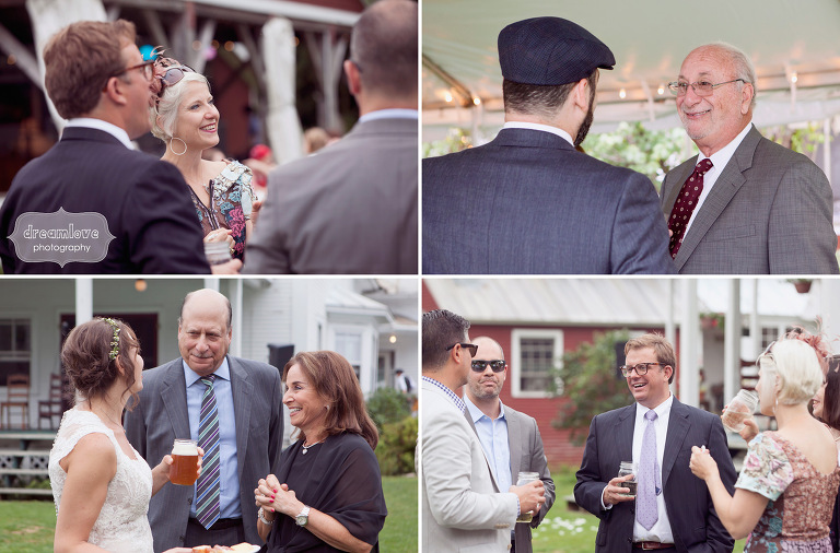 Candid photographs of guests interacting during an outdoor cocktail hour at a Lareau Farm Inn wedding. 