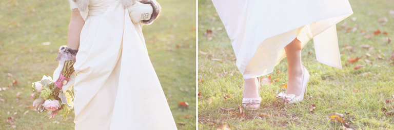 Detail photo of bride's mittens, bouquet, and shoes at a Woodstock Inn Winter wedding. 