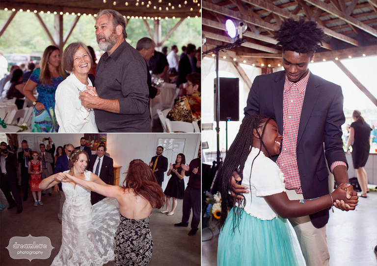 Wedding guests dance and enjoy themselves during a reception at the Lareau Farm Inn. 