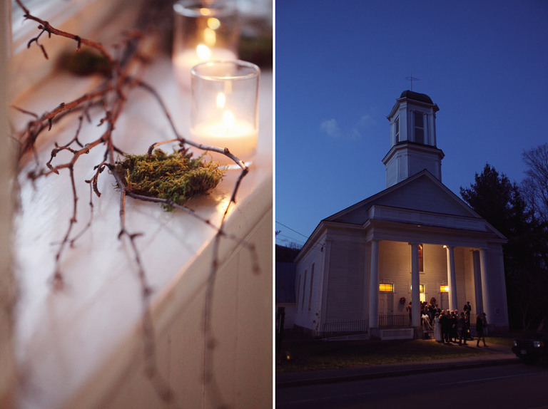 Moss and twigs created a natural vibe at the North Universalist Chapel in Woodstock, VT. 
