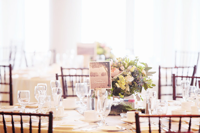 Woodstock Inn wedding reception decor included tables named for places the couple has visited. 