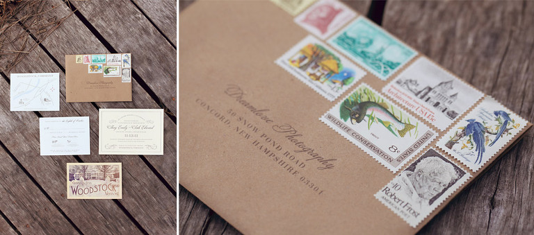 DIY vintage themed wedding invitation idea that used vintage postal stamps for mailing. 