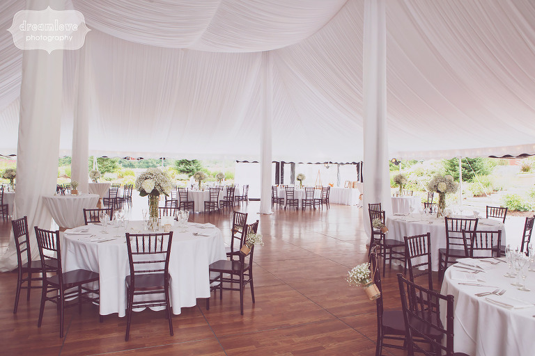 The dinner tables are set up under this sailcloth tent at Topnotch in Stowe, VT.