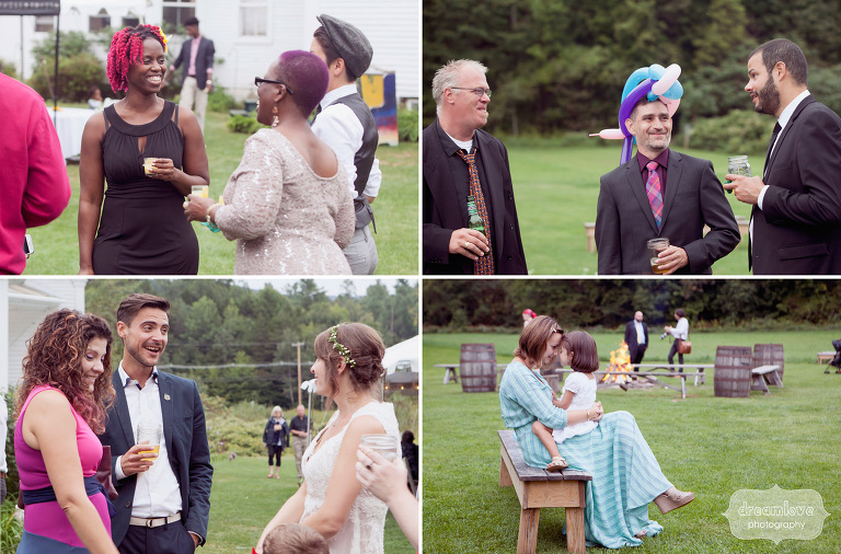 Wedding guests relaxing and having fun during an outdoor wedding reception in Vermont. 
