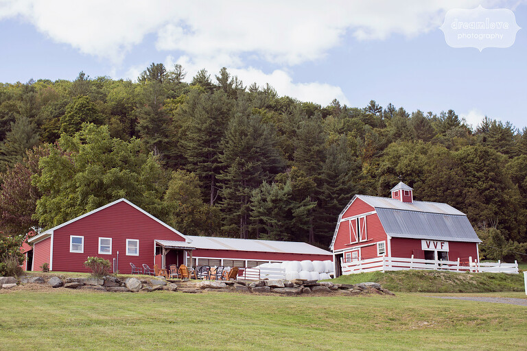 Red barns sit at the Warfield House Inn wedding venue in western MA.