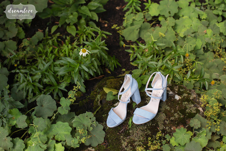 Fairytale wedding blue shoes in woods of Stowe, VT.