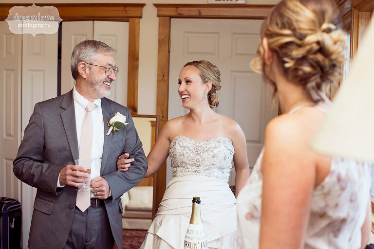 Documentary wedding photo of the bride and her father at this Berkshires wedding at the Warfield House Inn.