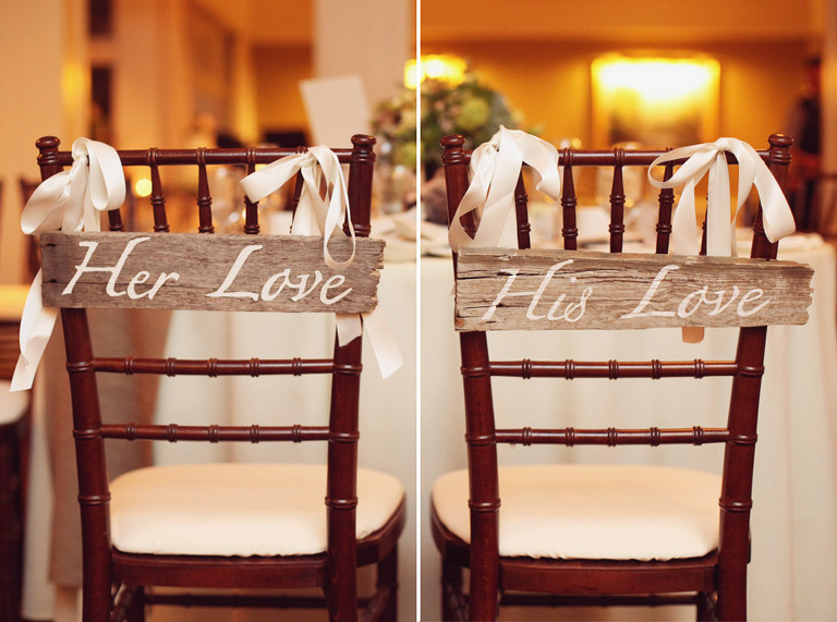 Bride and groom had custom seat backs created for their table. 