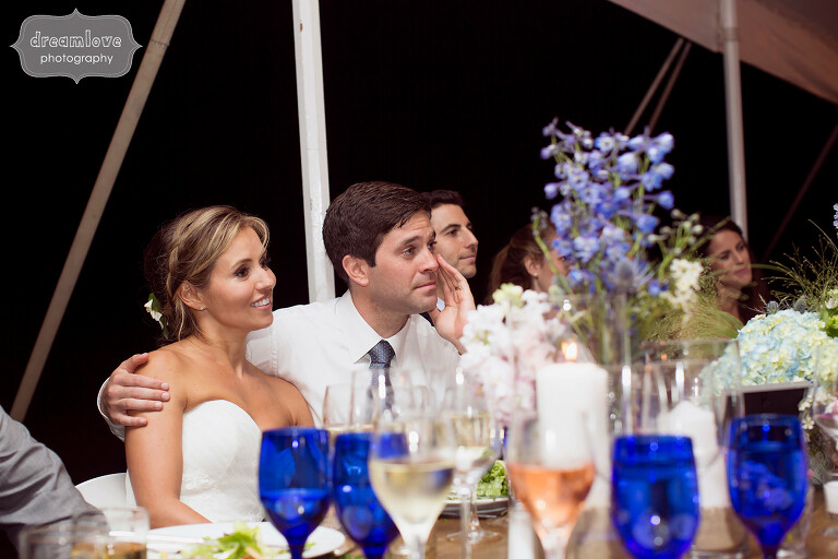Documentary wedding photography during speeches on Cape Cod.