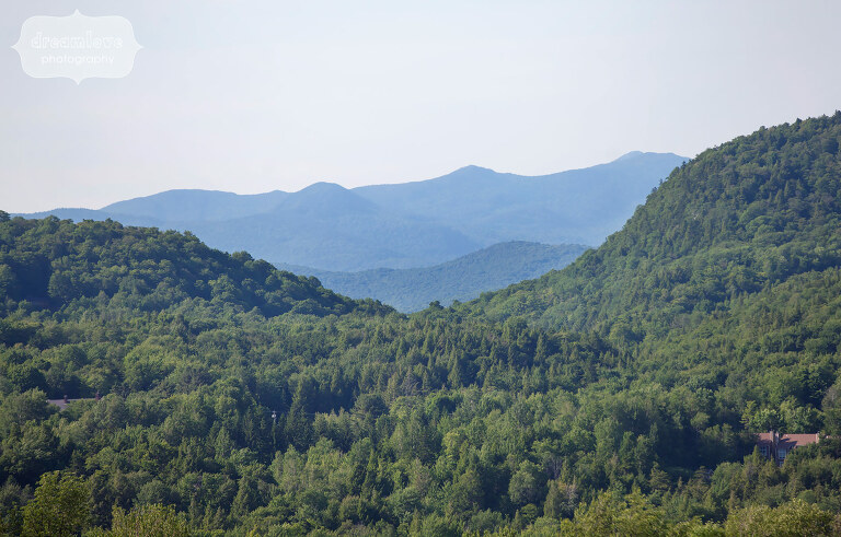 View of the green mountains from the outdoor wedding venue at Sugarbush, VT.