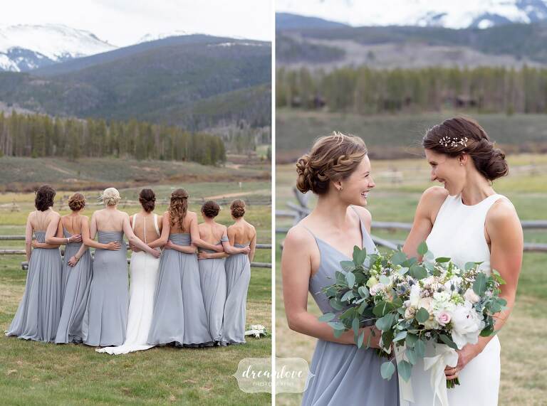 Back of bridesmaids with rocky mountains.