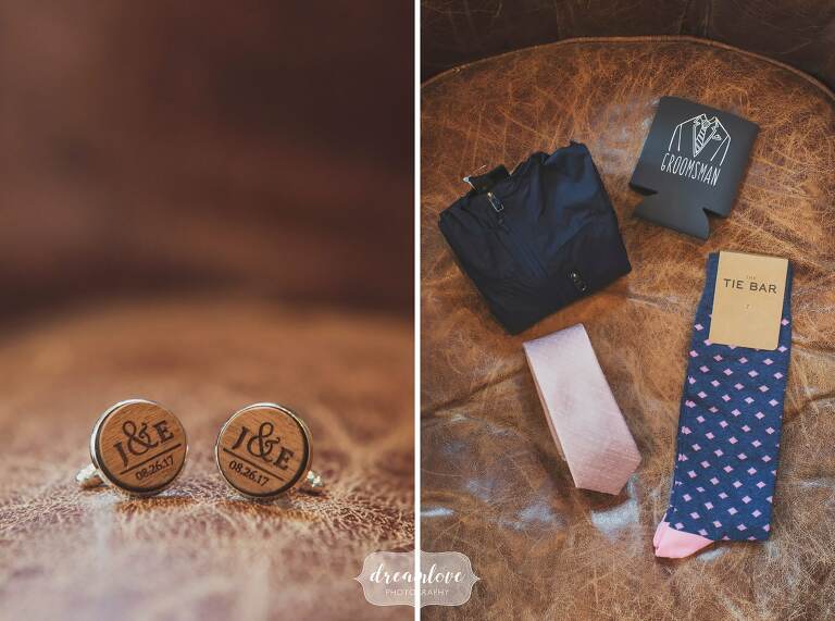 Wooden cufflinks and hipster wedding koozy for groomsmen at this coastal wedding on the north shore.