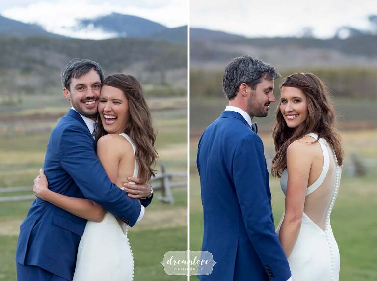 Joyful wedding photography of happy couple at Devil's Thumb Ranch.