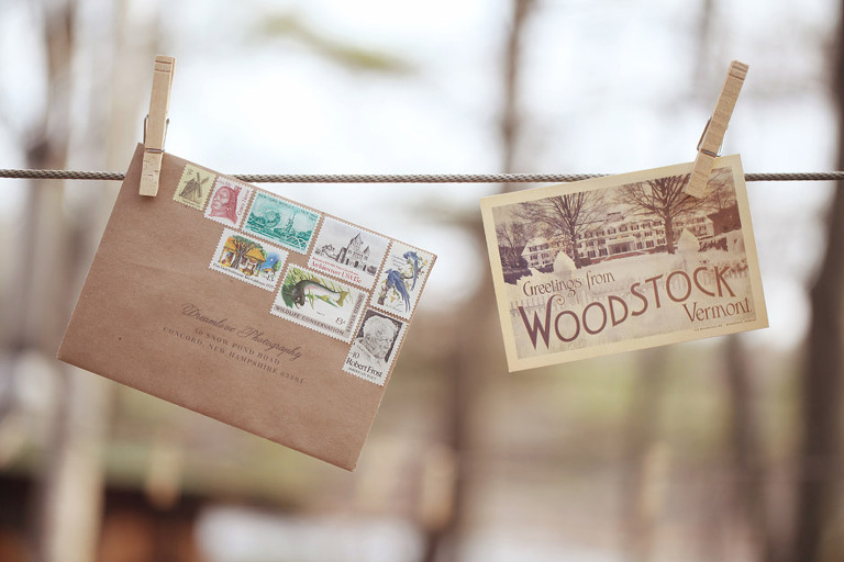 A vintage themed wedding invitation that used an array of vintage stamps for a Woodstock VT wedding. 