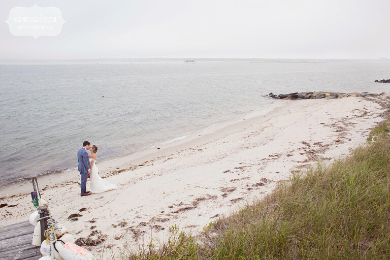 Bride and groom on the beach for their Cape Cod wedding.