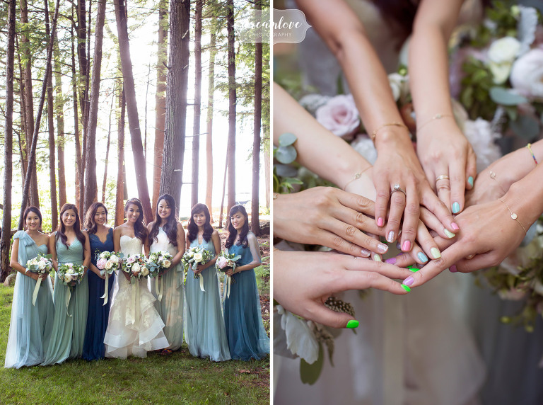 Korean wedding photography with water colors of bridesmaids dresses and painted nails in Wolfeboro, NH.