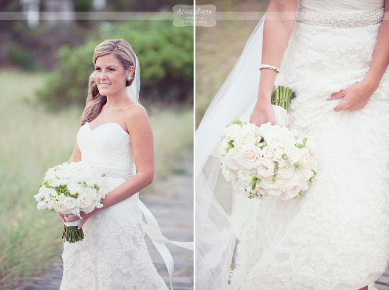 A beautiful bride holding a bouquet on her wedding day at the Wychmere Beach Club. 