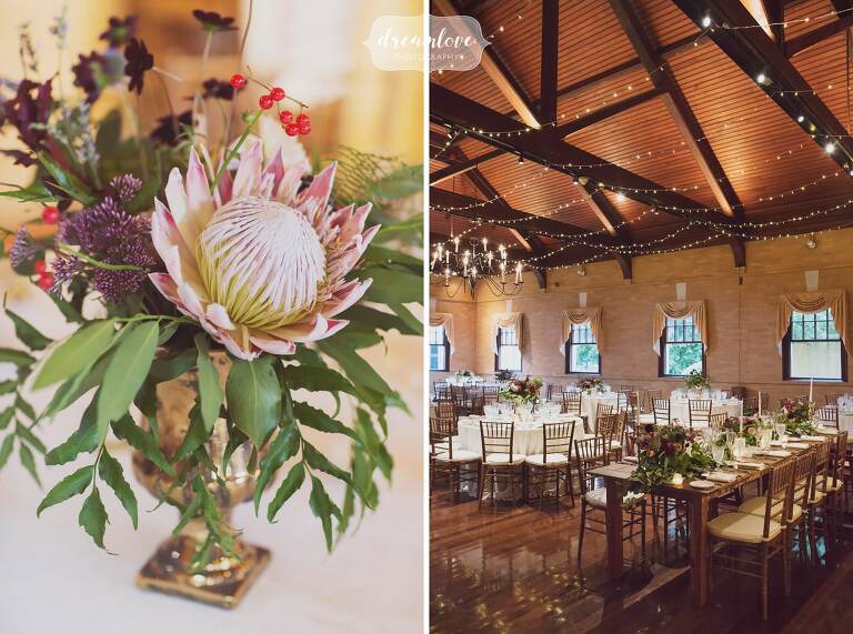 Rustic and exotic wedding centerpiece with protea flowers by Vicky Lee in RI.