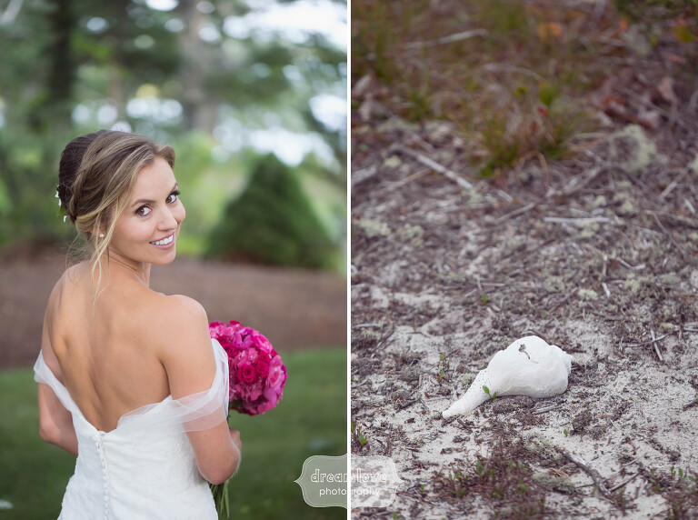 Beach bride photo on Cape Cod with shell.