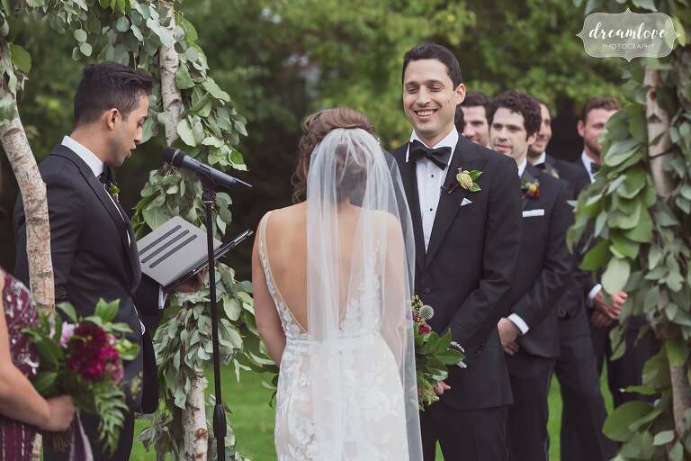 The happy groom during this outdoor wedding in Bristol, RI.