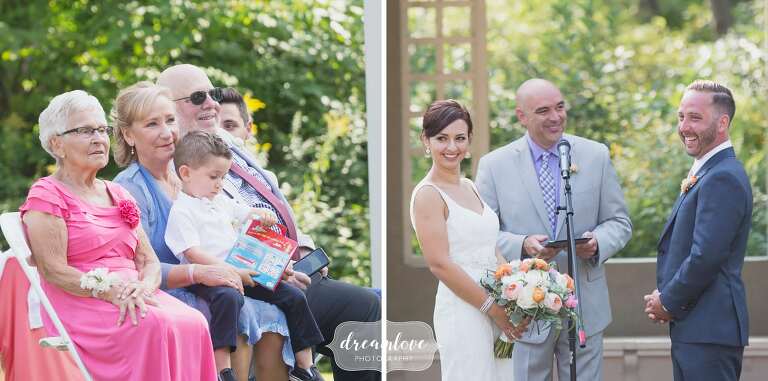 Candid wedding photography of guests watching ceremony in Manchester, MA.