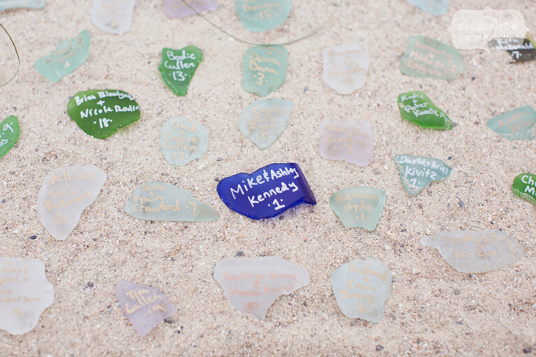 Beach glass as escort cards idea for beach wedding on Cape Cod.