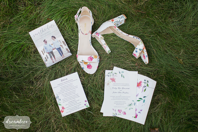 Floral wedding shoes and watercolor invitations for Manchester by the Sea wedding.