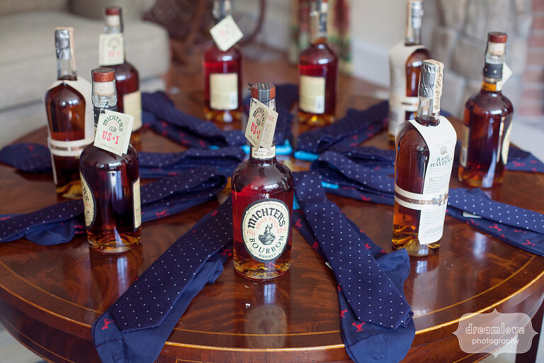Michters Bourbon bottles as groomsmen gifts.