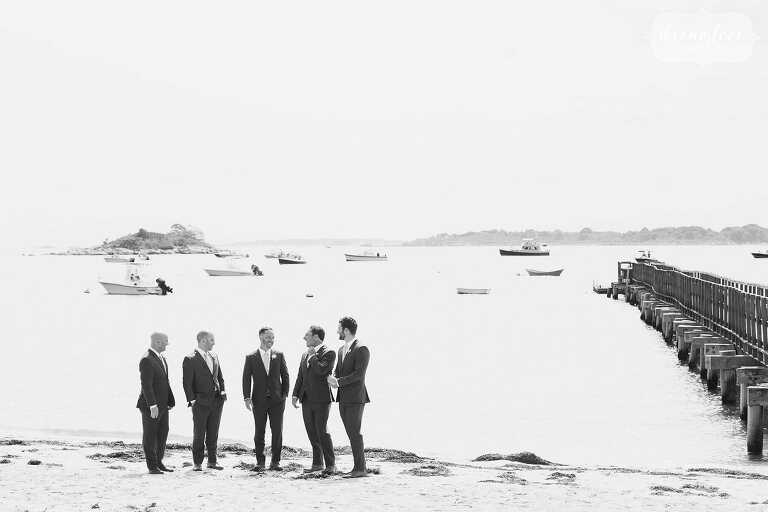 Groomsmen on Singing Beach for a backyard Manchester by the Sea wedding.