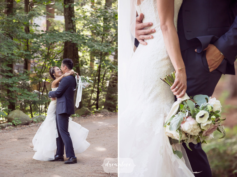 Outdoor wedding photography of the bride and groom in the woods in Wolfeboro, NH.