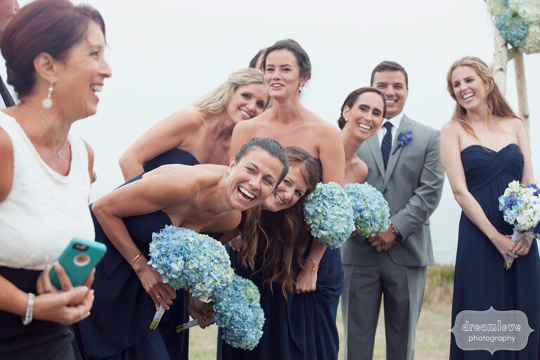 Documentary wedding photo of bridesmaids on Cape Cod.