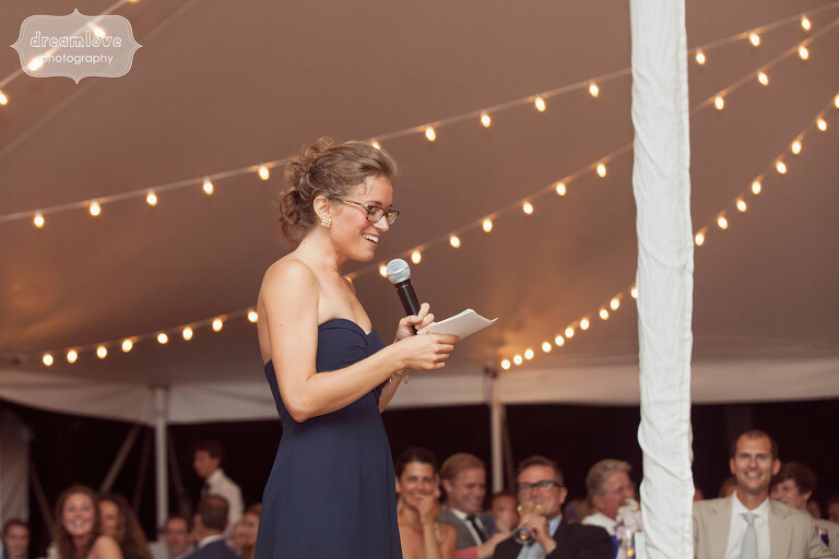 Candid wedding speech photo on Cape Cod.