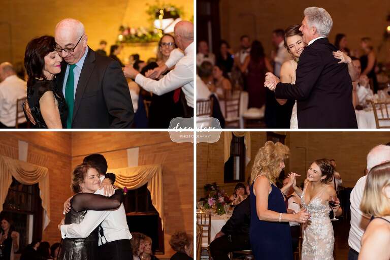 The bride and groom dance with parents at the Linden Place.