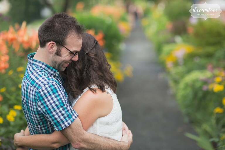 Intimate moment between the engaged couple during their Shelburne Falls session.