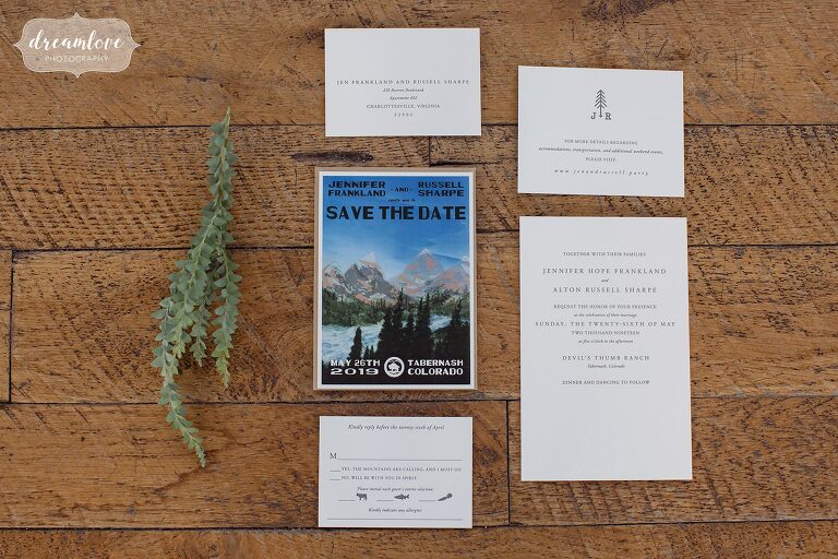 Colorado wedding invitations for Devil's Thumb wedding.