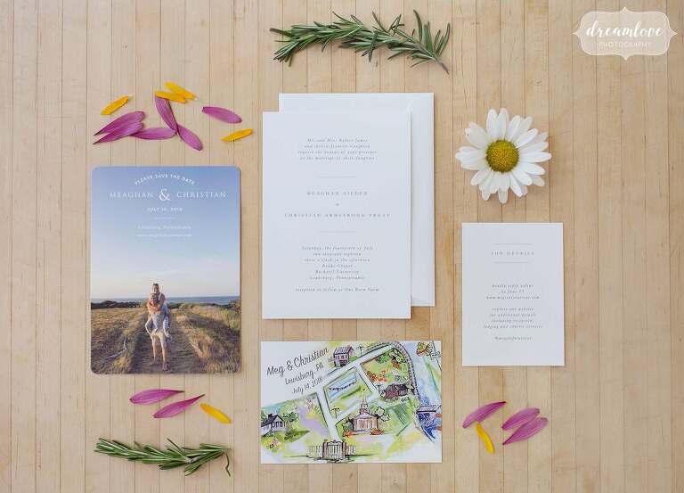 Simple coastal style wedding invitation with save the date.