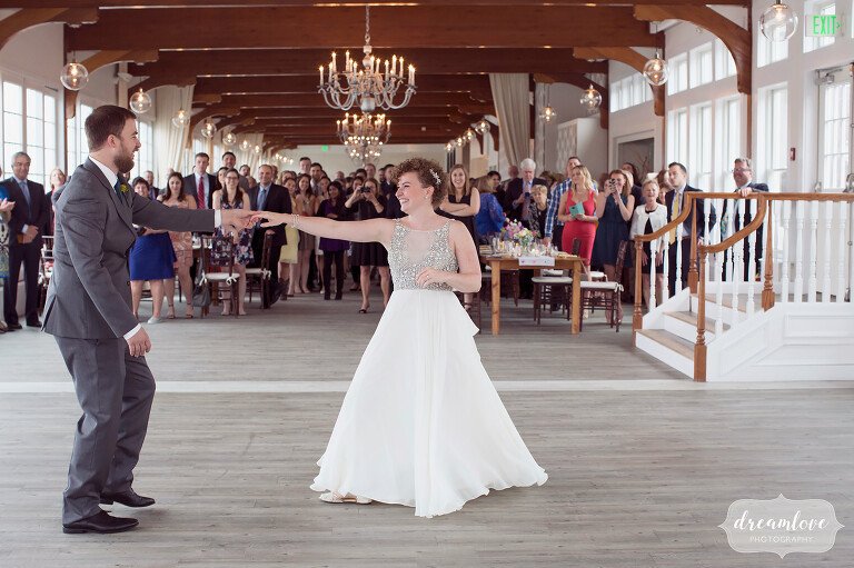 Fun wedding photo of the bride and groom dancing at the Wychmere on Cape Cod.