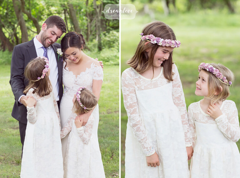 Flower girls in the field at this Camp Quinipet wedding on Shelter Island.
