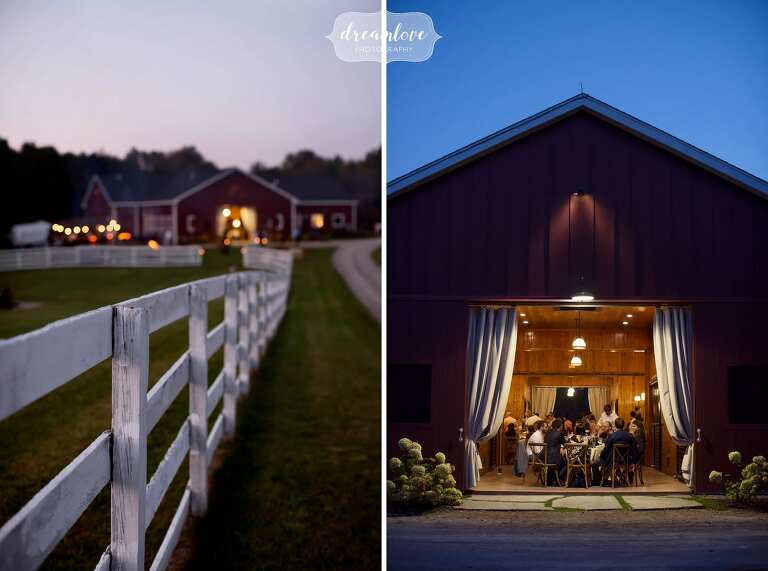 Beautiful wedding venue at dusk in Ghent, NY at the converted horse barn.