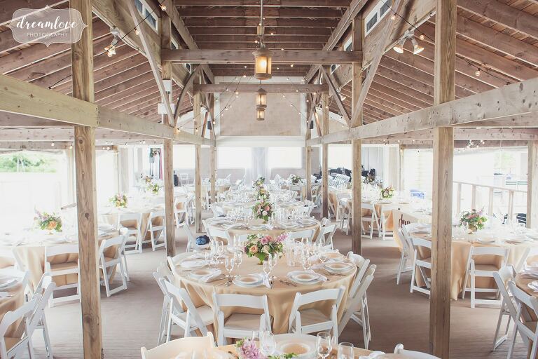 The Thompson Island pavilion is decorated for a wedding reception.