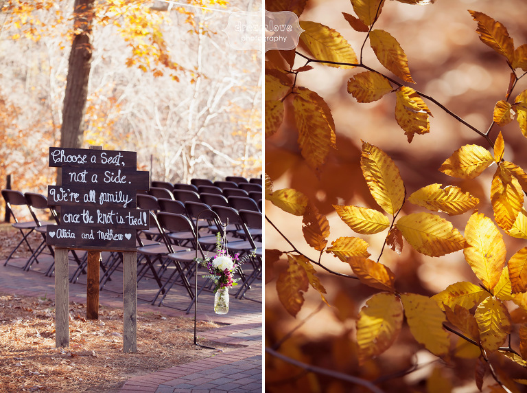 Woodsy outdoor wedding ceremony for fall wedding in CT.