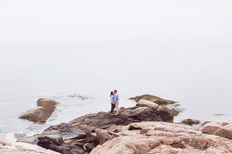 Couple kissing in landscape photo during engagement photo shoot on the coast of MA.