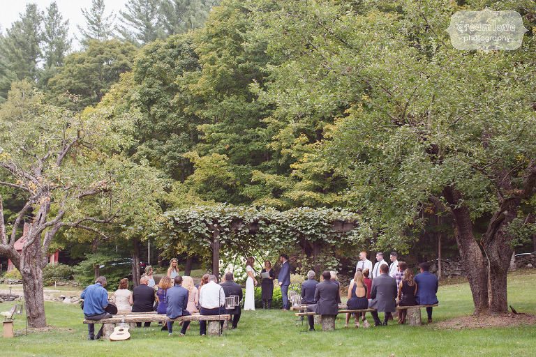 Rustic wedding ceremony space in the field at the Curtis Hollow Farm in Quechee, VT.