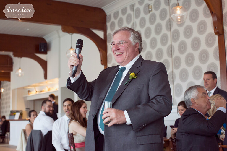 Documentary wedding photography of the father of the bride giving a toast at this Cape Cod wedding.