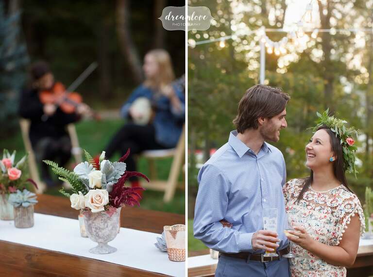 Guests mingle at this outdoor rehearsal dinner at the Gould Barn. 